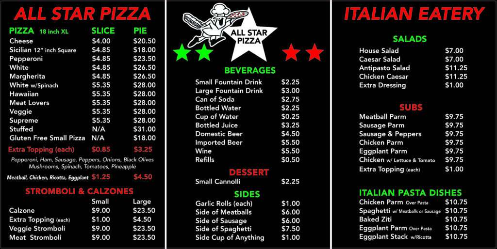 menu for all star pizza of pompano beach listing all available food items, call 954 974 6639 for assistance